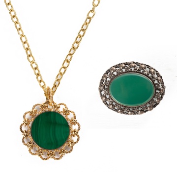 14K Gold, Malachite Necklace and Silver Brooch