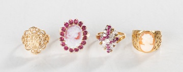 Four Ladies 14K Gold, Diamond, Cameo, & Gemstone Rings