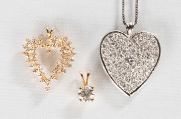 Two 14K Gold Heart Shaped Pendants & Diamond Round Pendant
