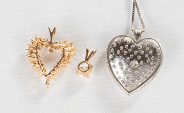 Two 14K Gold Heart Shaped Pendants & Diamond Round Pendant