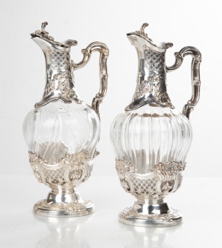 Near Pair of French Parcel-Gilt Sterling Silver Mounted Crystal Clarets, by Edouard Ernie