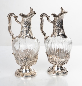 Near Pair of French Parcel-Gilt Sterling Silver Mounted Crystal Clarets, by Edouard Ernie