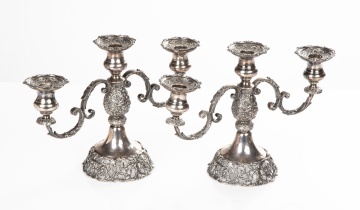 A Pair of Fina Sterling Silver "Cherub & Lion" Three-Light Candelabra Retailed by Michael C. Fina, NY