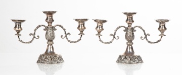 A Pair of Fina Sterling Silver "Cherub & Lion" Three-Light Candelabra Retailed by Michael C. Fina, NY