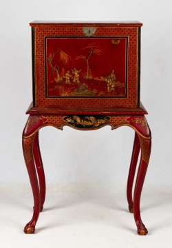 19th Century English, Red Lacquer Chinoiserie Specimen Cabinet