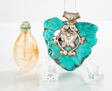Tibetan Turquoise Amulet & Chinese Quartz Crystal Snuff Bottle