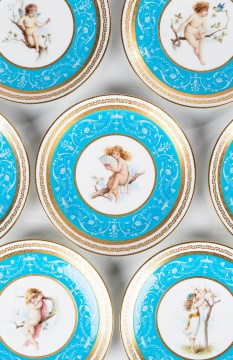 Nine Minton Enameled Turquoise Ground Portrait Plates