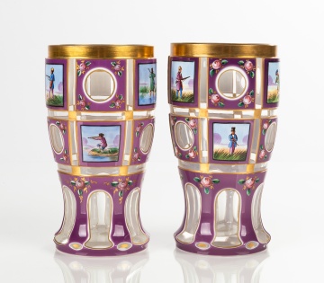 Pair of Baccarat & Bristol Faceted Purple Overlay Glass Goblets