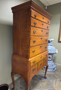 New England American Tiger Maple Queen Anne Highboy