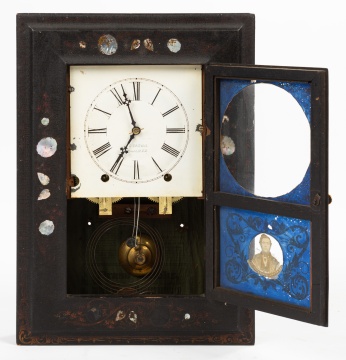 J.C. Brown Paper Mache, Lacquered, & Mother-of-Pearl Shelf Clock