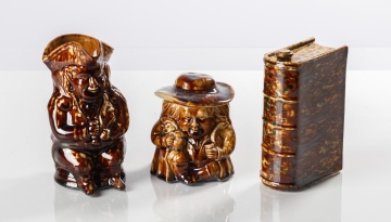 Rockingham Snuff Jar, Toby Jug, & Book Flask