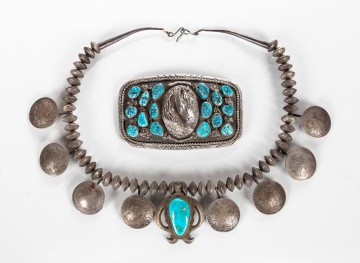 Navajo Silver & Turquoise Belt Buckle & Coin Necklace