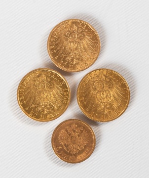 Three Prussian / Germany 20 Mark (1895-1908) & Russia 5 Ruble 1899 Gold Coins