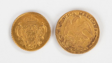 Mexico First Republic 8 Escudos 1834 & Brazil 6400 Reis - Maria I 1796 Gold Coins