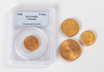 Columbia 10 & 5 Pesos, Chile 100 Pesos, & Philippines 4 Pesos Gold Coins