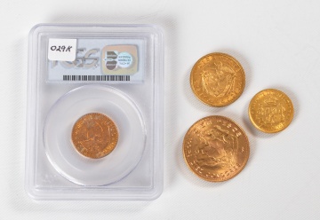 Columbia 10 & 5 Pesos, Chile 100 Pesos, & Philippines 4 Pesos Gold Coins