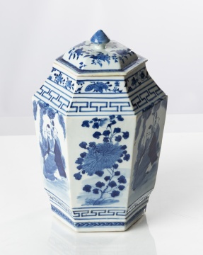 Chinese Hexagonal Blue & White Porcelain Covered Jar