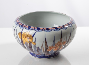 Japanese Fukagawa Seiji Porcelain Jardiniere with Iris Flowers and Koi Fish