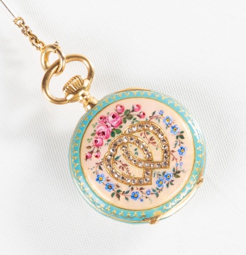 Ladies 18K Gold, Diamond, & Enamel Watch with Swiss Case