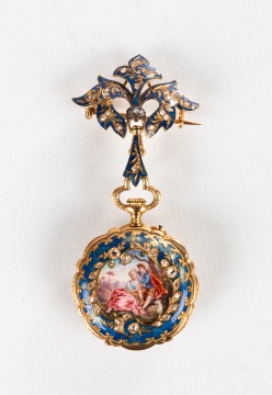 French 18K Gold, Enamel, & Diamond Lapel Watch
