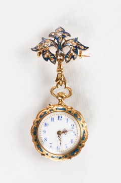 French 18K Gold, Enamel, & Diamond Lapel Watch