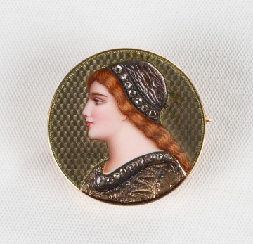 Golay Fils & Stahl, 18K Gold, Enamel, & Diamond Portrait Brooch