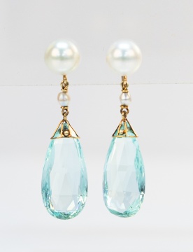 14K Gold, Pearl, & Aquamarine Earrings