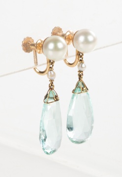 14K Gold, Pearl, & Aquamarine Earrings