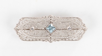 14K Gold, Diamond, & Aquamarine Brooch