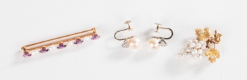 14K Gold & Pearl Earrings, Brooch, & Pendant