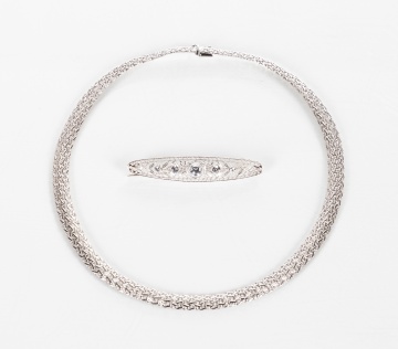 Ladies' Italian 14K White Gold Basket Weave Necklace & 14K White Gold & Sapphire Brooch