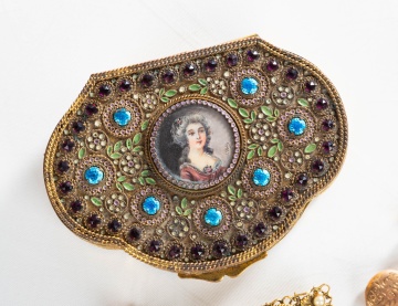 French Enameled Dresser Box & Silver / Gold Plated Jewelry