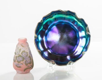 Tiffany Favrile Ruffled Rim Bowl & Galle Cameo Glass Cabinet Vase