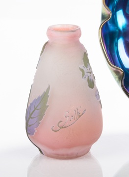 Tiffany Favrile Ruffled Rim Bowl & Galle Cameo Glass Cabinet Vase