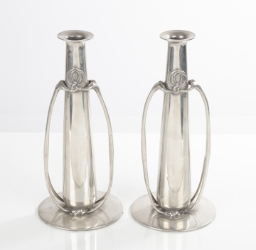 Pair of Archibald Knox (1865-1933) Tudric Twin-Handled Vases