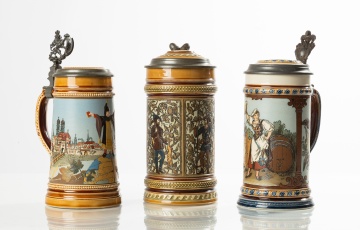 Three Mettlach Steins, "Schutzenliese", "Munich Child on the World Globe", & "Hunters"