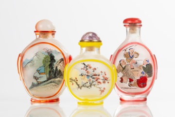 Three Chinese Reverse Painted Peking Glass Overlay Snuff Bottles