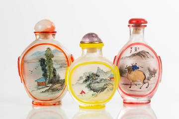 Three Chinese Reverse Painted Peking Glass Overlay Snuff Bottles