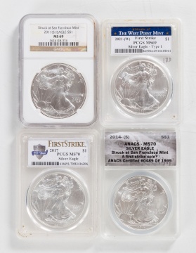 (4) Graded Silver American Eagle $1 Coins