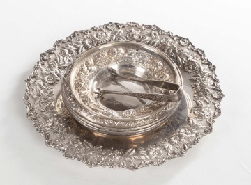 S. Kirk & Son Stieff Sterling Silver, Presentation Plate, Four Bowls, & Tongs