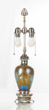 Steuben Yellow Jade & Blue Aurene Acid Cut-Back Lamp Base