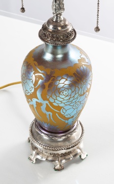 Steuben Yellow Jade & Blue Aurene Acid Cut-Back Lamp Base