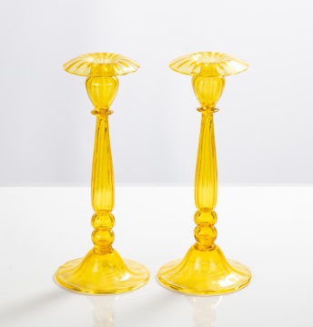 Pair of Steuben Bristol Yellow Candlesticks