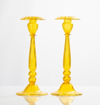 Pair of Steuben Bristol Yellow Candlesticks