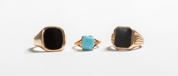 Two Men's Gold & Onyx Rings & Ladies' Gold Ring