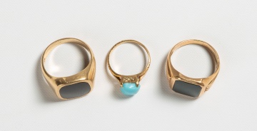 Two Men's Gold & Onyx Rings & Ladies' Gold Ring