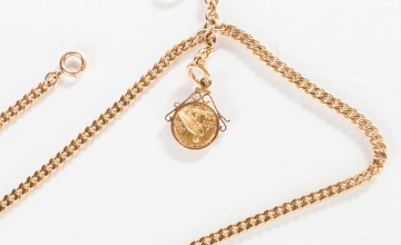 14K Gold Pocket Watch Chain with 1915 Indian Head $2 1/2 Coin