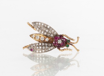 14K Gold, Diamond, Ruby, & Emerald Insect / Beetle Brooch
