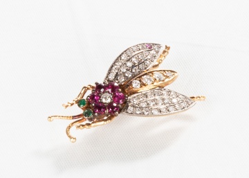 14K Gold, Diamond, Ruby, & Emerald Insect / Beetle Brooch
