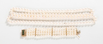 Cultured Pearl Necklaces & Four-Strand Cultured Pearl, Emerald, & Diamond Bracelet